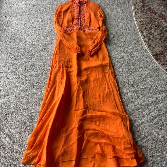 Vintage 1970s Orange Boho Prairie Dress Lace Keyhole Neck – Size S - Picture 1 of 16